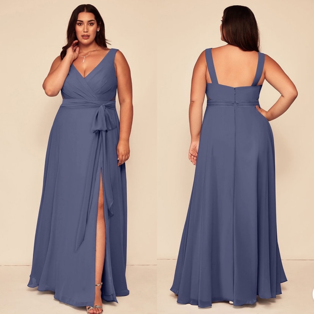 Azazie Blue Maxi Gown with V-Neck and Side Slit
